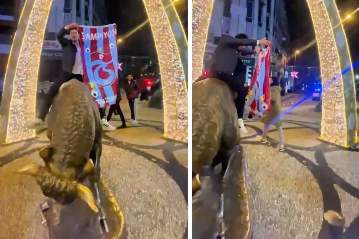 Trabzonsporlu taraftar, Kadıköy Boğa Heykeli’nde atkı açıp bağırdı